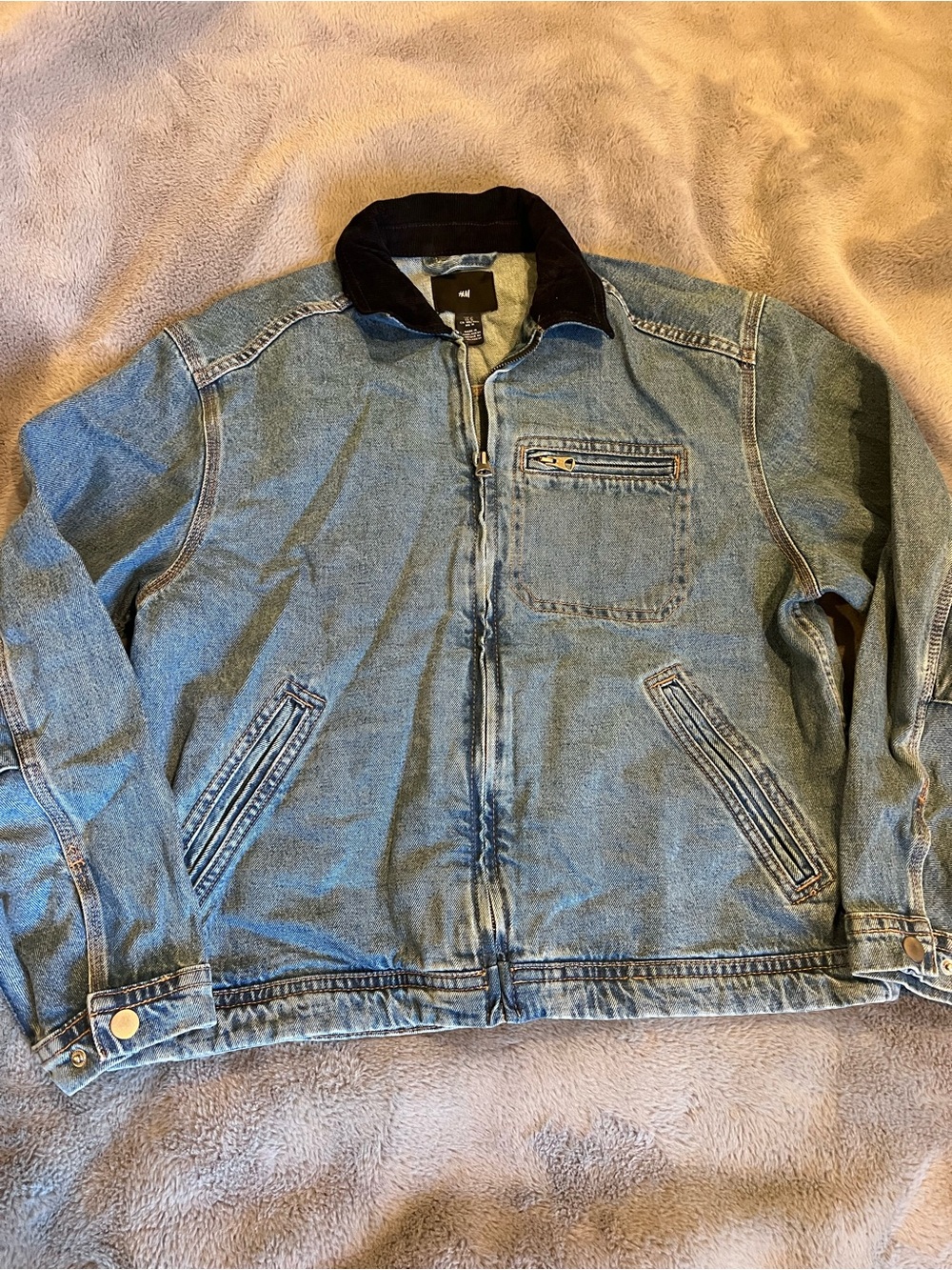 H&M Men's Blue Jean Jacket Full Zip Pockets Point Corduroy Collar  Regular Fit M